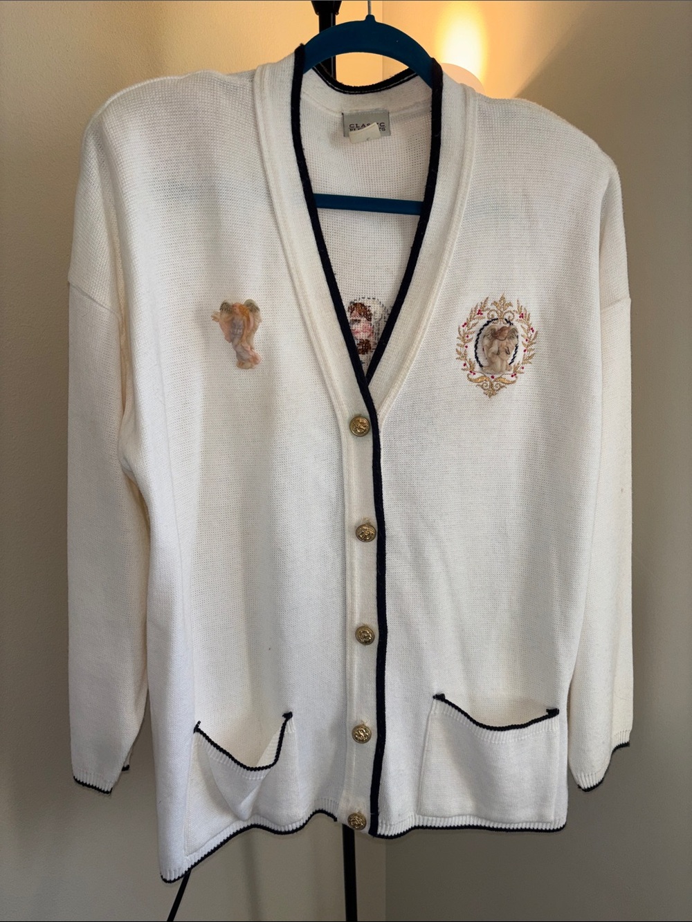 Vintage Cream Sweater Cardigan with Navy Trim, Embroidery, Pins